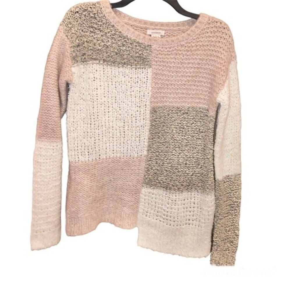 Sundance Wool Mohair Patchwork Asymmetrical Chunky‎ Sweater Pink Cream XS